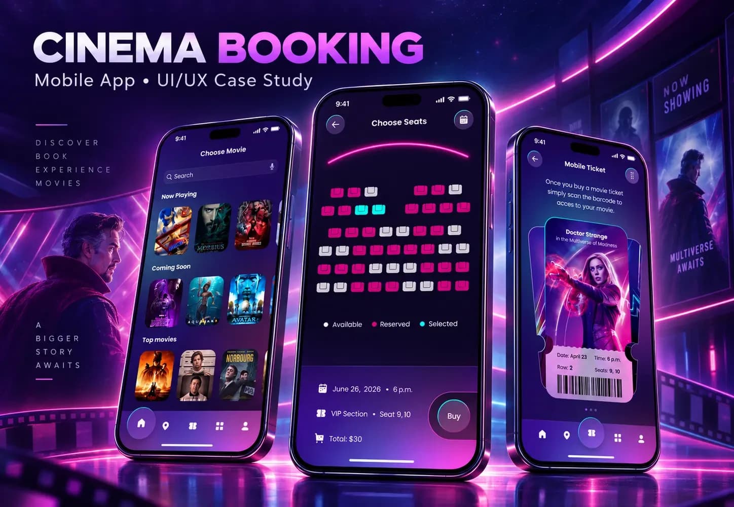 Cinema booking app screens showing film discovery, seat selection, and a mobile ticket.