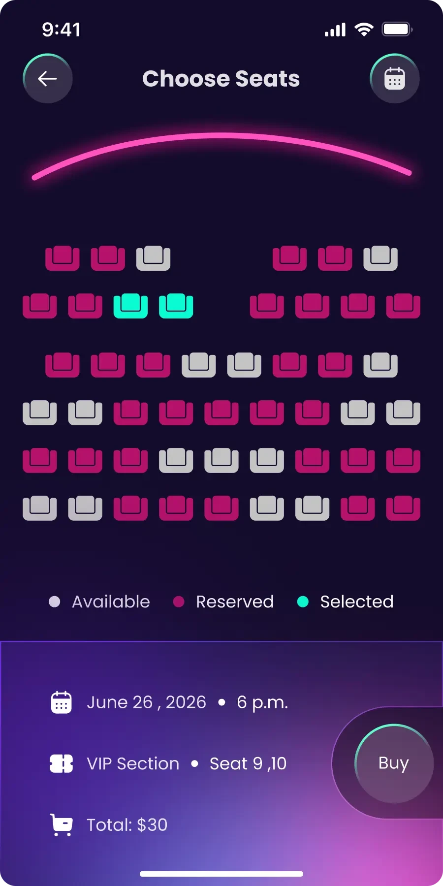 Seat selection screen showing the screen position, available seats, taken seats, and the current selection.