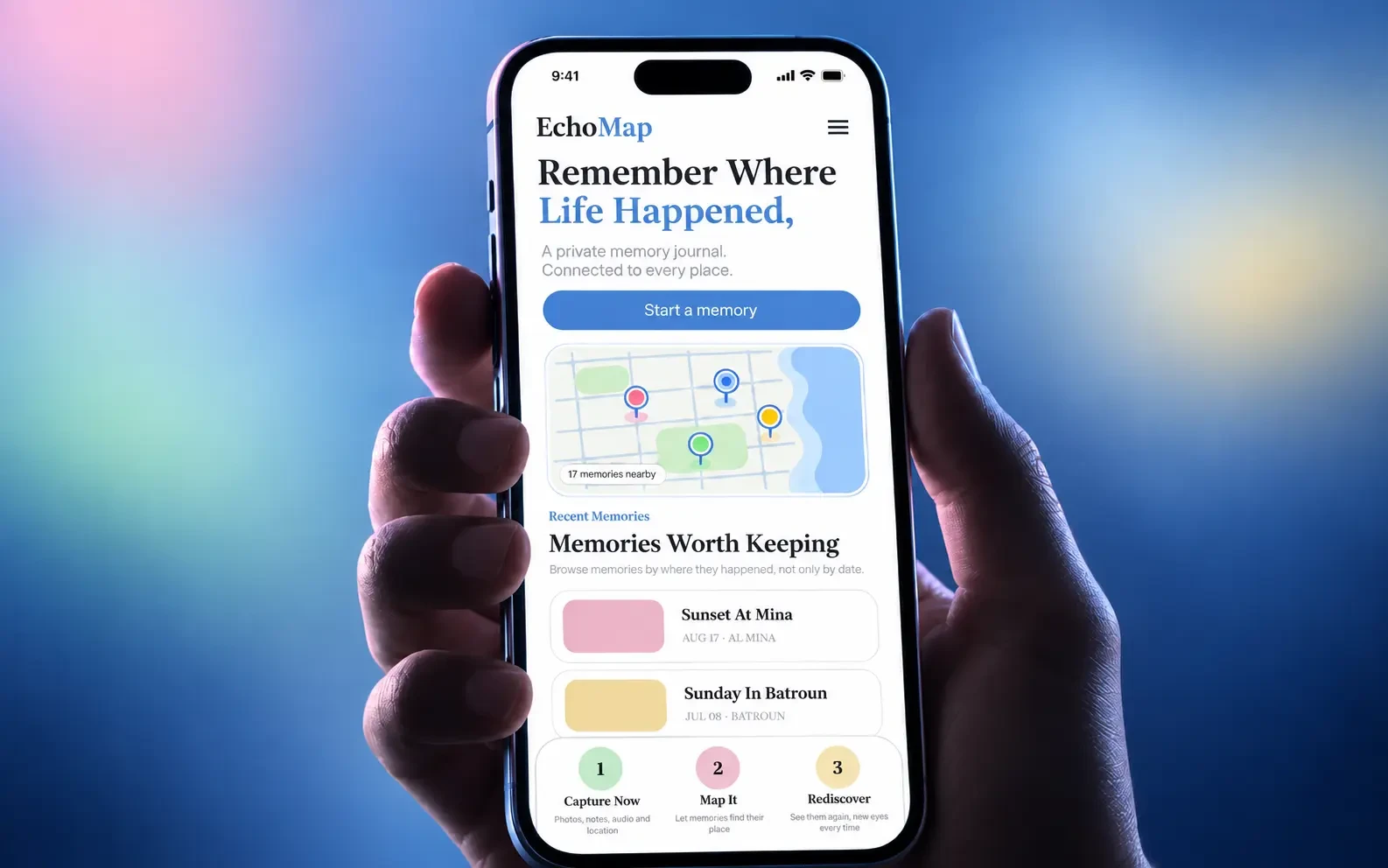 EchoMap app screens showing a map of saved memories, a memory entry, and a proximity notification.