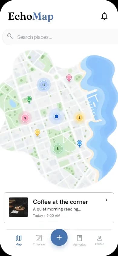EchoMap main map view showing saved memories pinned to the places they happened.