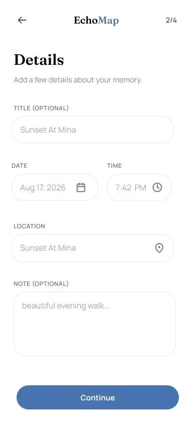 A single memory entry showing the automatically detected place and date, written text, and attached photos.