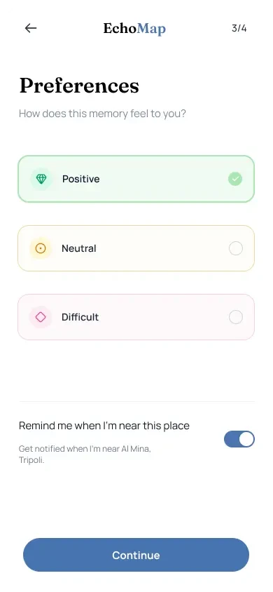 Memory nature and notification's controls, offering open, dismiss, mute this place, and nature of memory.