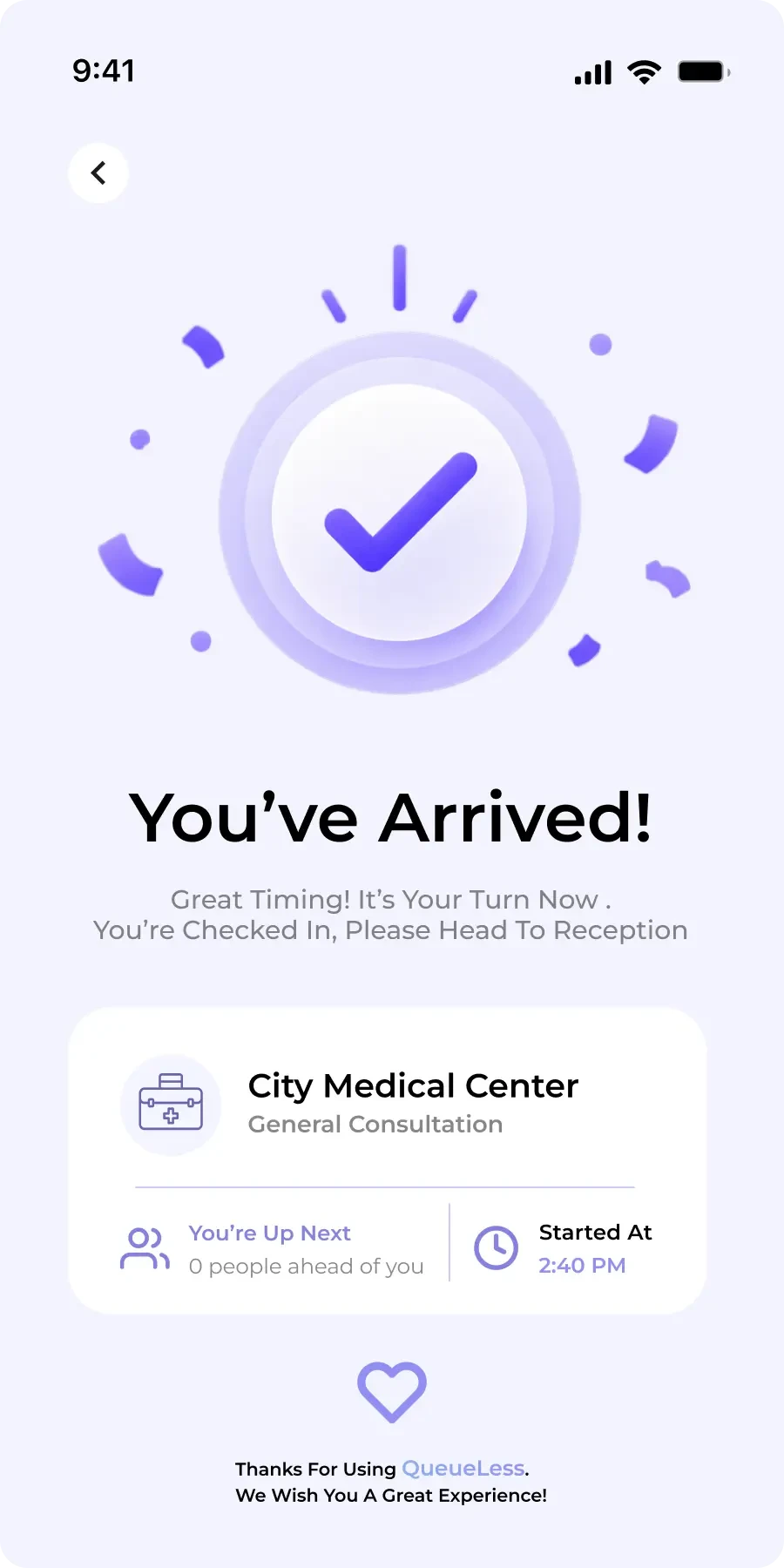 QueueLess arrival screen with guidance to the specific counter.