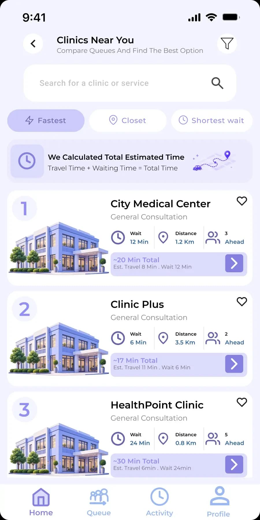 QueueLess discovery screen listing nearby services with live queue conditions on each row.