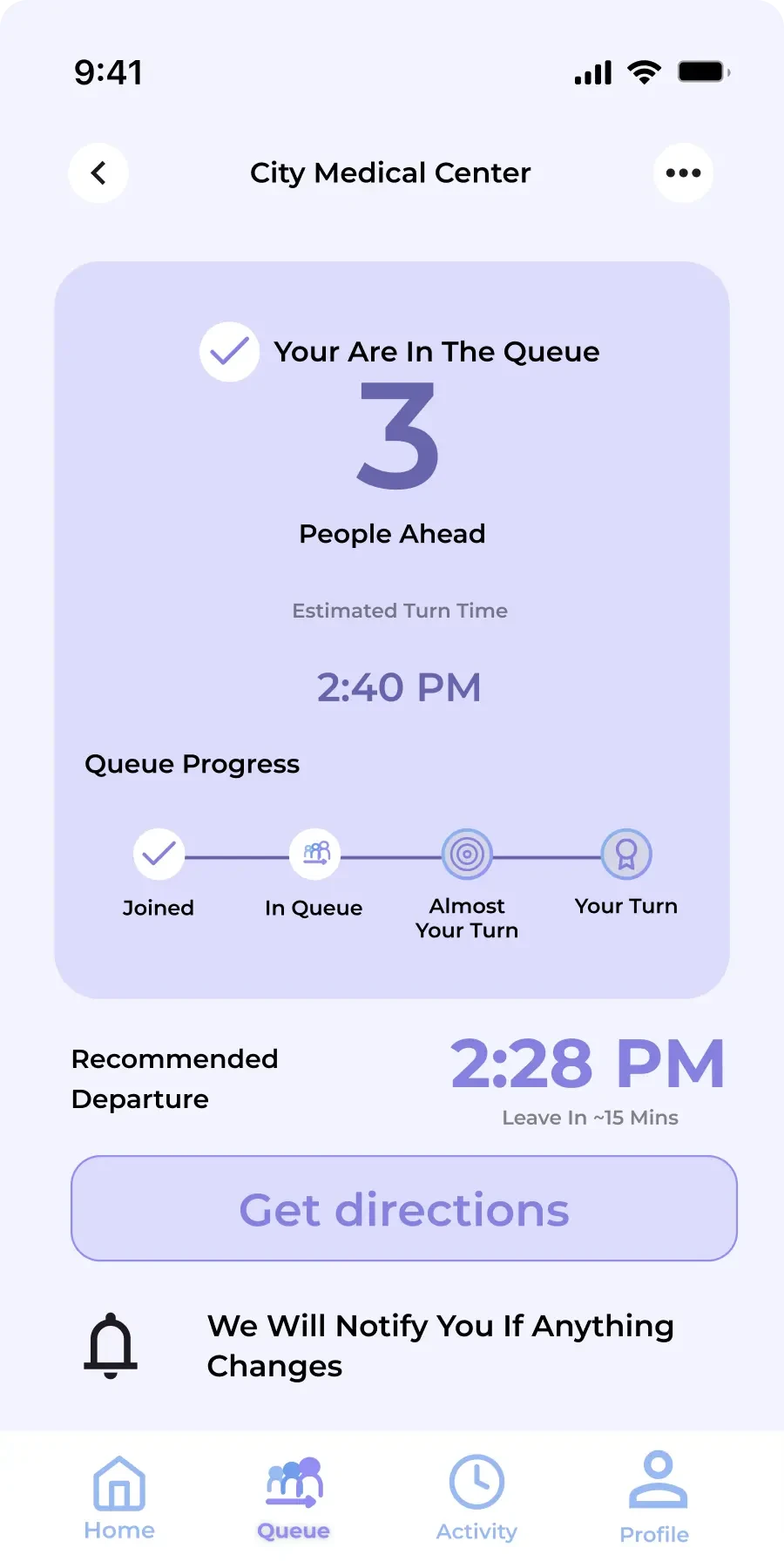 QueueLess live tracking screen showing queue position and progress.