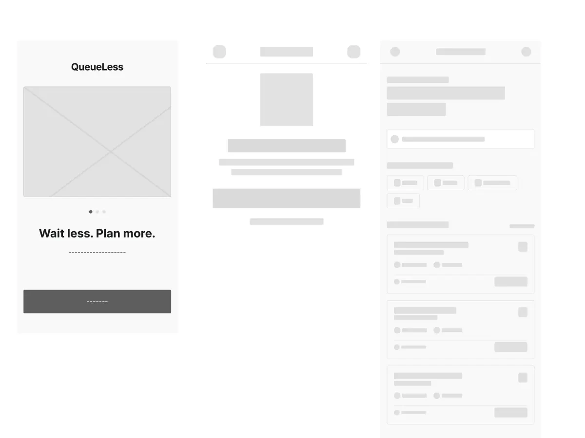 Low-fidelity wireframes exploring layouts for the service discovery and comparison screens.